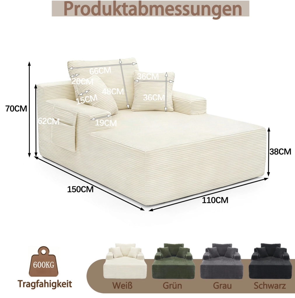 Divano compatto in cord beige con tasche laterali e cuscini