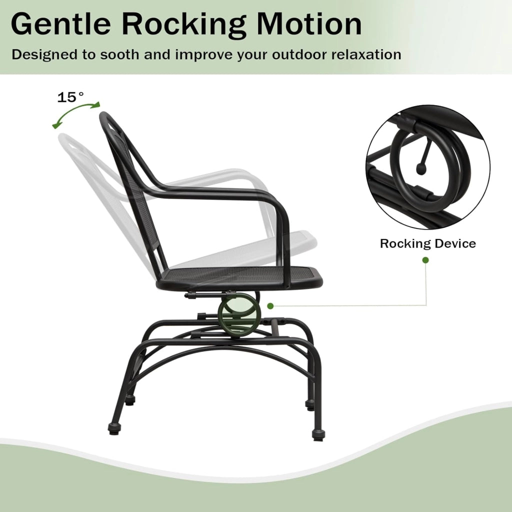 Set di 2 sedie a dondolo, schienale ergonomico, seduta in rete metallica, cuscinetti regolabili, sedia a dondolo per giardino, balcone, bordo piscina, capacità 150 kg, colore nero