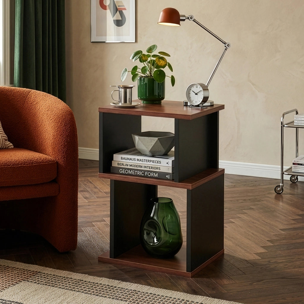 Tavolino Laterale Trond Mobiletto Basso a 2 Scomparti 50 x 33 x 29 cm - Nero/Effetto Noce [en.casa]