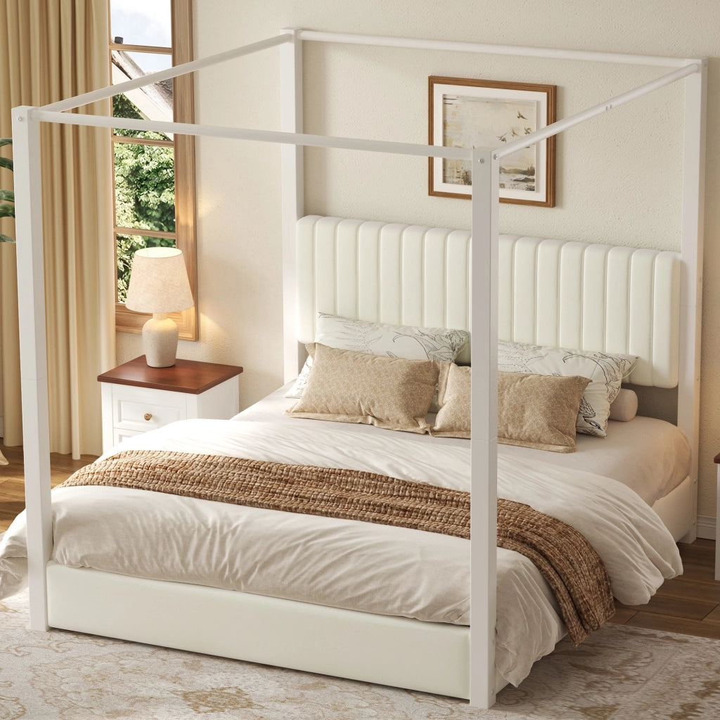 Letto matrimoniale 180 × 200 cm con struttura a baldacchino, testiera imbottita, senza materasso, in MDF e metallo, beige e bianco