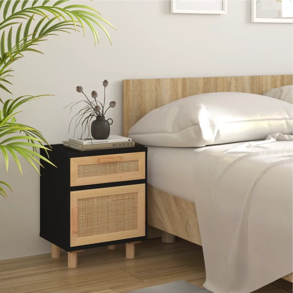 Comodini 2 pz-Set di 2 Tavolino da notte Neri in Legno Massello di Pino e Rattan Naturale