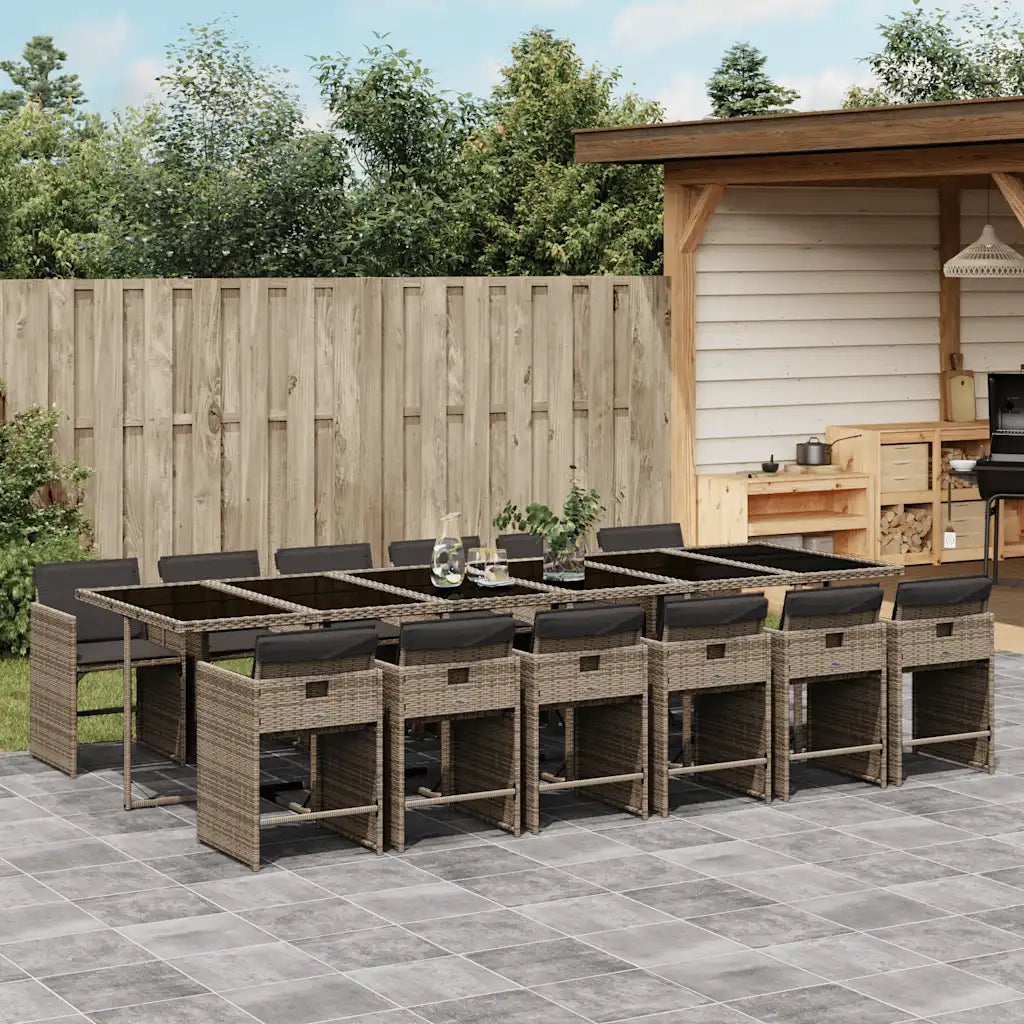 Set da Pranzo da Giardino 13pz con Cuscini Grigio in Polyrattan