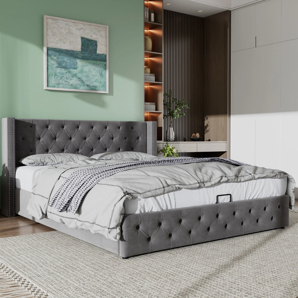 Letto imbottito contenitore Chesterfield 180x200 in velluto grigio con rete a doghe