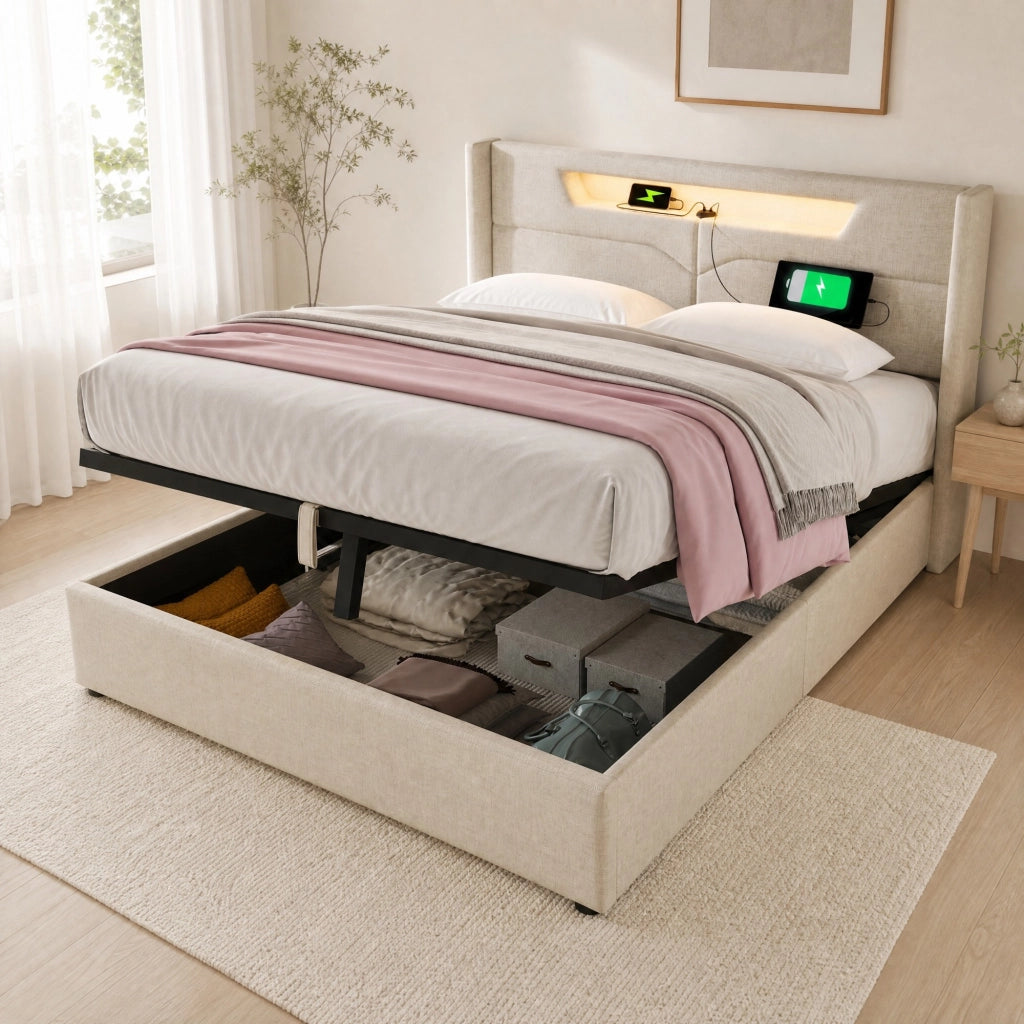 Letto matrimoniale contenitore 160x200 cm con LED; USB e USB-C in tessuto beige