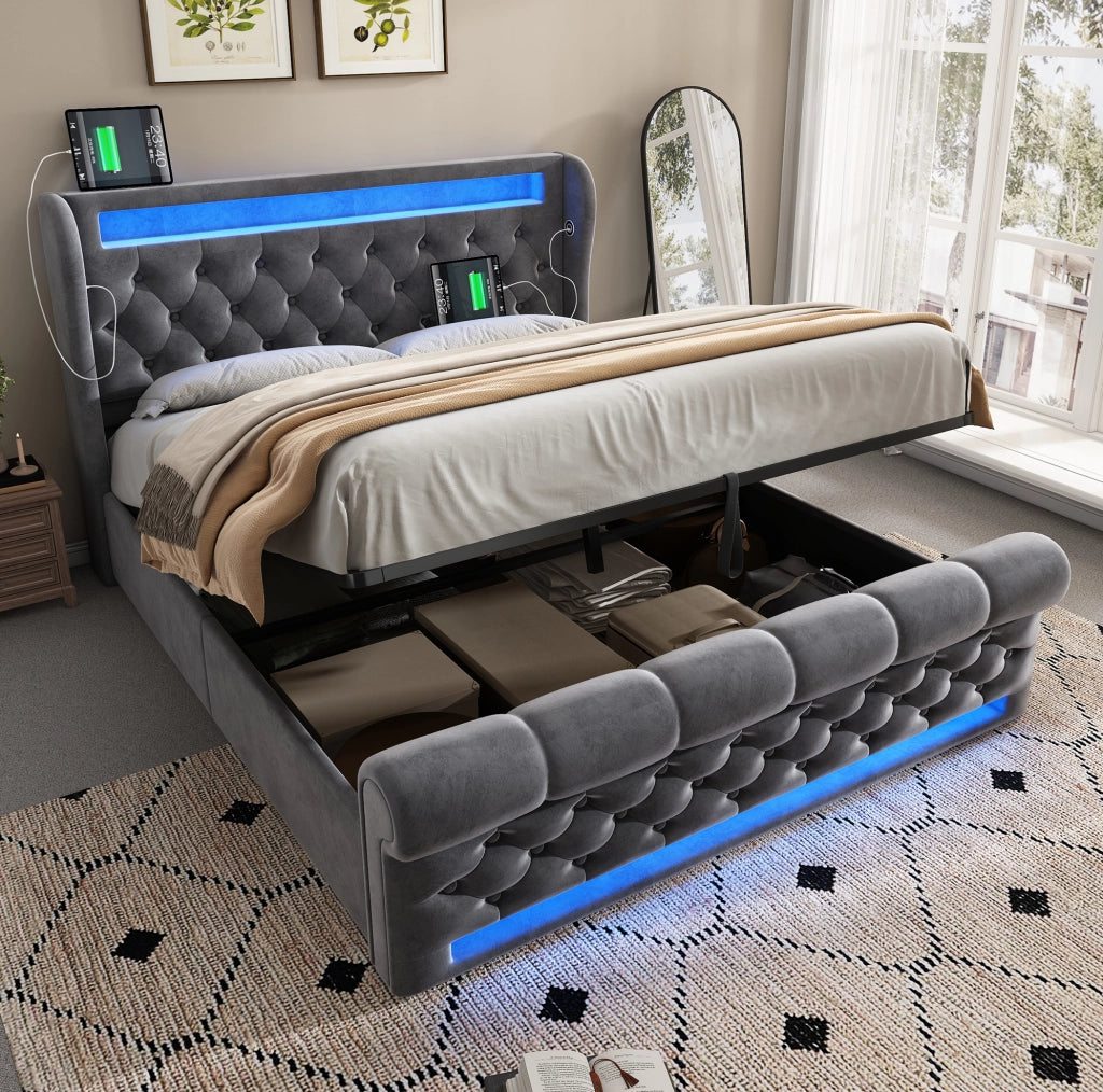 Letto imbottito 140x200 cm con LED, USB-C e vano contenitore