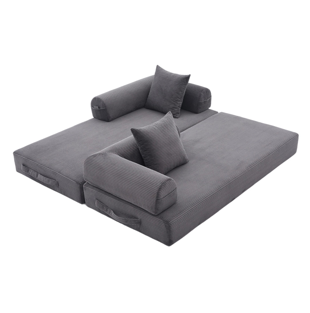 Divano modulare 200x94 cm grigio scuro in velluto a coste; 3 cuscini e tasca laterale