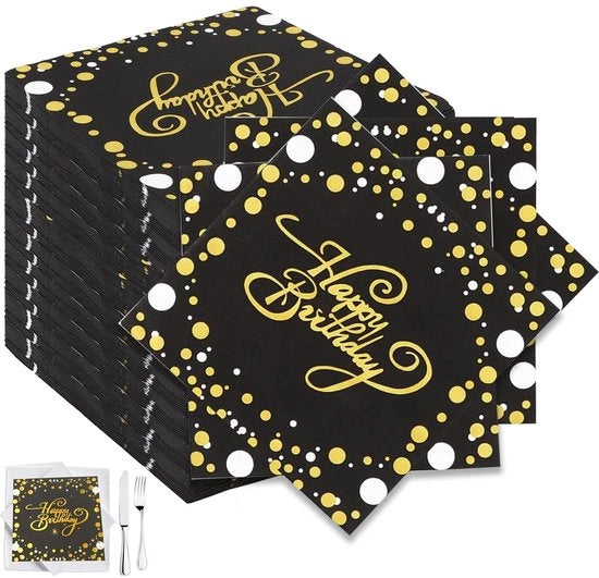 Serviette per compleanno nero e oro, 100 pezzi, 33 x 33 cm, serviette di carta per decorazione di compleanno