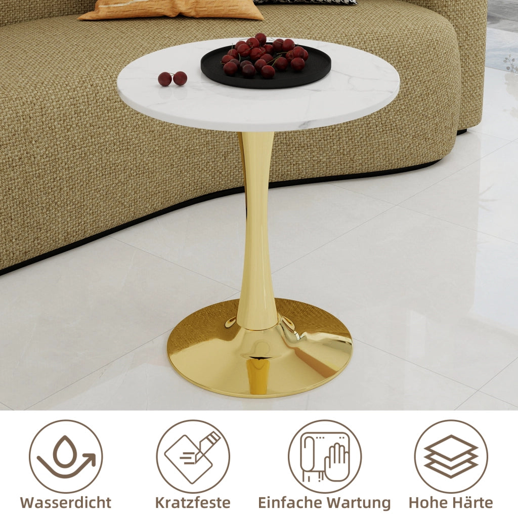 Tavolo da pranzo - rotondo 70 cm - stile mid-century - marmo venato bianco - per 2-4 persone - dorato
