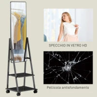 Specchio Verticale da Terra con 2 Ripiani e 4 Rotelle, in Acciaio e Legno, 42x37x155 cm, Nero