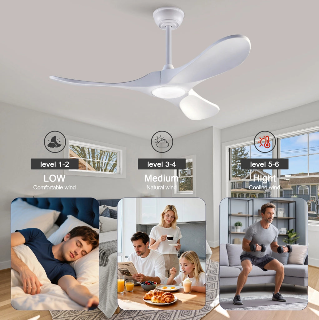 Ventilatore da soffitto 52'' con luce LED e telecomando, 3 pale in legno massello bianco