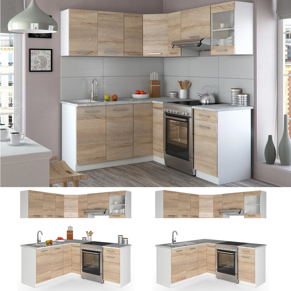 Vicco Cucina ad angolo Bianco/Sonoma 187 x 167 cm , PL Marmo con striscia LED