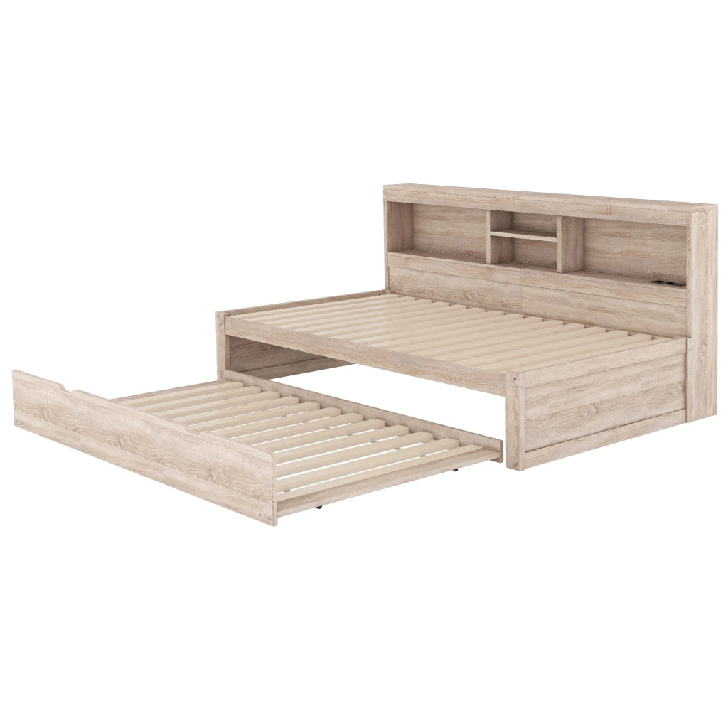 Letto singolo estraibile 90x200 cm con luce ambiente, presa e USB, finitura naturale, senza materasso