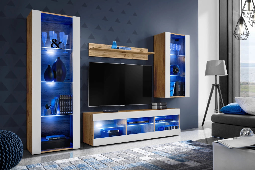 Set Di Mobili Porta TV Tivoli Medio, Komodee, Wotan/Bianco, LED Blu, Larghezza 245 cm x Altezza 159 cm x Profondità 35 cm, Per soggiorno, Camera da letto