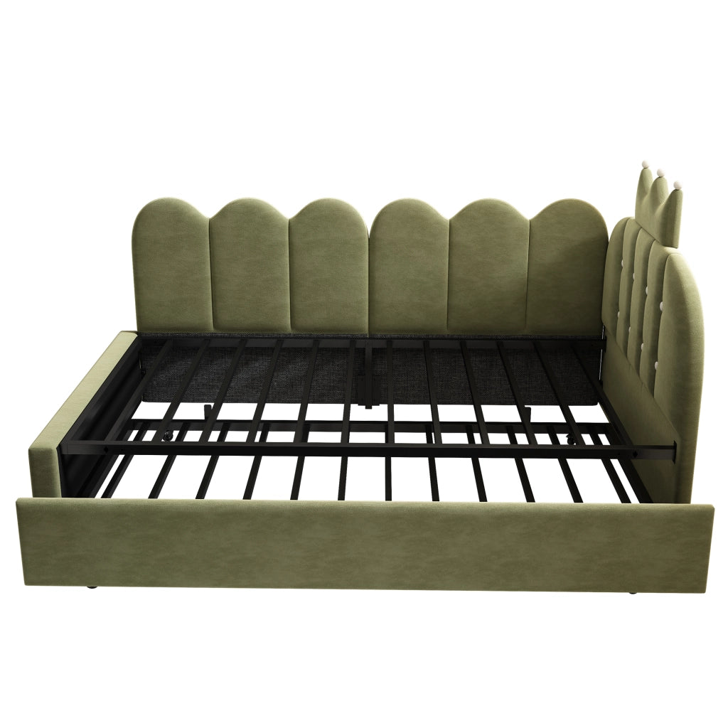 Letto per bambini 90x200 cm, testiera a forma di corona, con letto estraibile, in velluto, verde