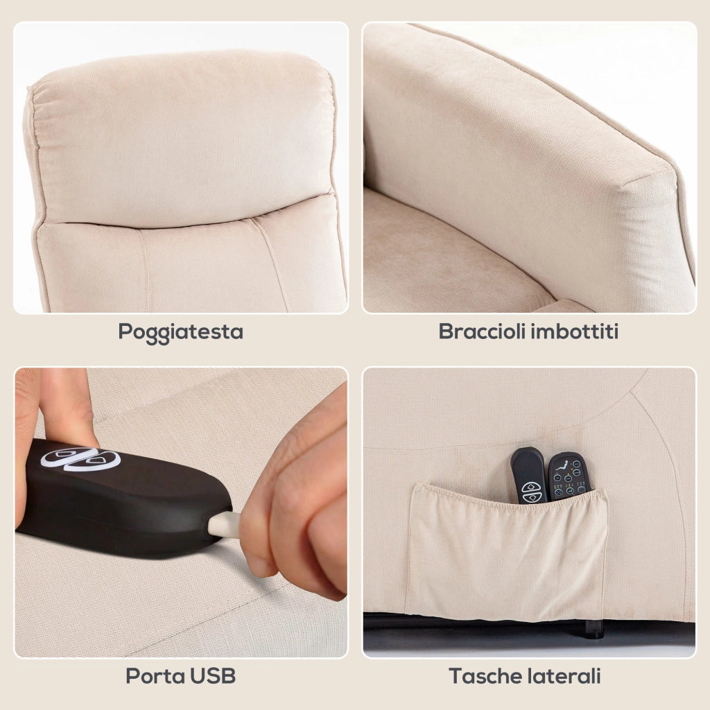 Poltrona Elettrica Alzapersona Massaggiante Relax Imbottitura in Foam e Poliestere Beige