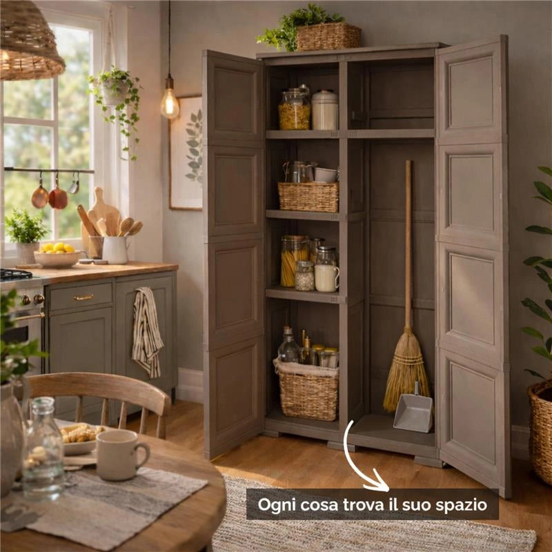 ARMADIO 2 ANTE TAUPE 79X43X164 CM CON 4 SCOMPARTI E VANO PORTASCOPA – MOBILE ALTO ORGANIZZAZIONE CASA PER INGRESSO E LAVANDERIA