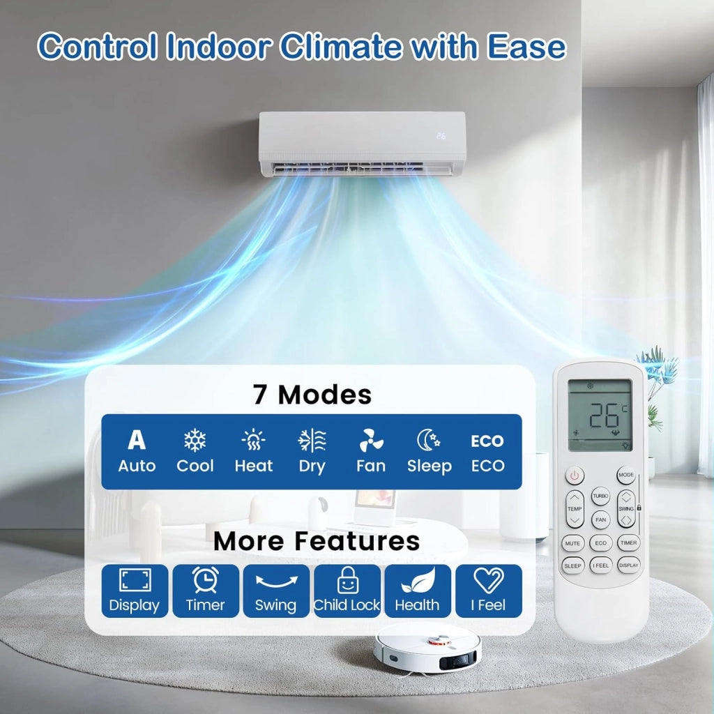 Split Condizionatore 9000 BTU Inverter R32 A++, Climatizzatore Eco, Riscaldamento/Raffreddamento/Deumidificazione, 7 Modalità, 8 Velocità del Ventilatore, Timer 24 Ore, Accessori Inclusi