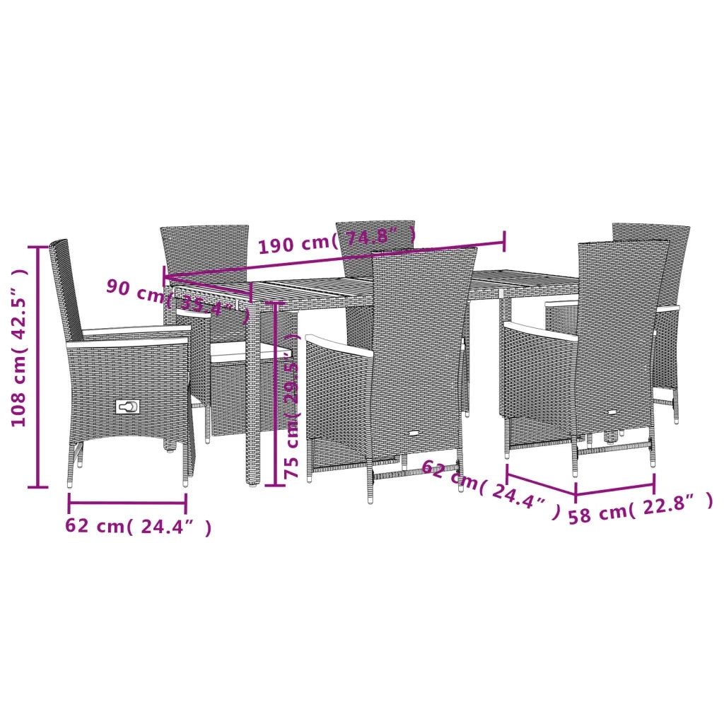 Set da Pranzo da Giardino 7 pz Nero con Cuscini in Polyrattan 3277517