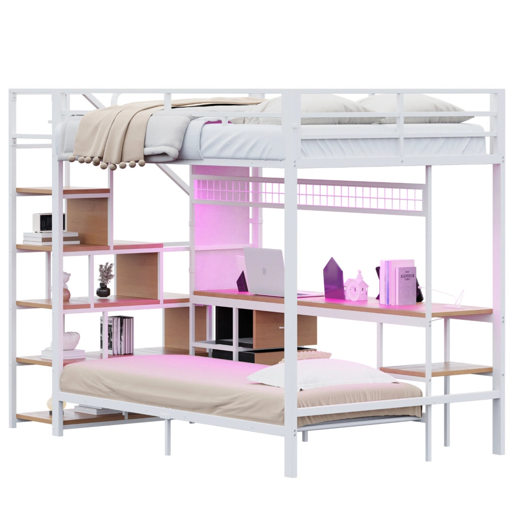 Letto a soppalco multifunzione 140x200/90x200 cm con scrivania; LED; prese e contenitori in metallo e MDF bianco
