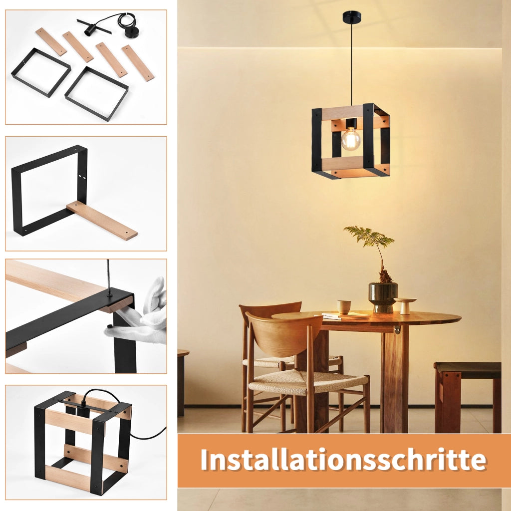 Lampada a sospensione ZMH 1 Luci in Legno ZMH Metallo Vintage Nero E27