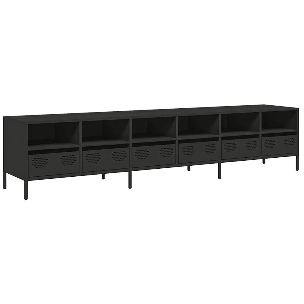 Mobile porta TV moderno nero con ampio spazio contenitivo 202 x 39 x 43 cm realizzato in acciaio laminato a freddo nero 02_0055638