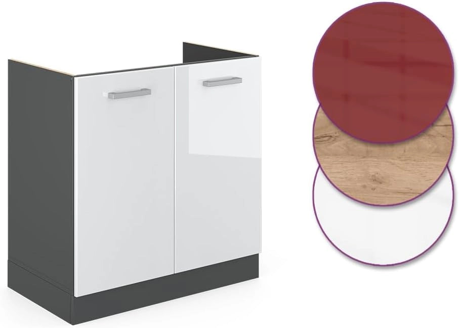 mobile lavello cucina R-line, Bianco lucido/Antracite, 80 cm senza piano di lavoro