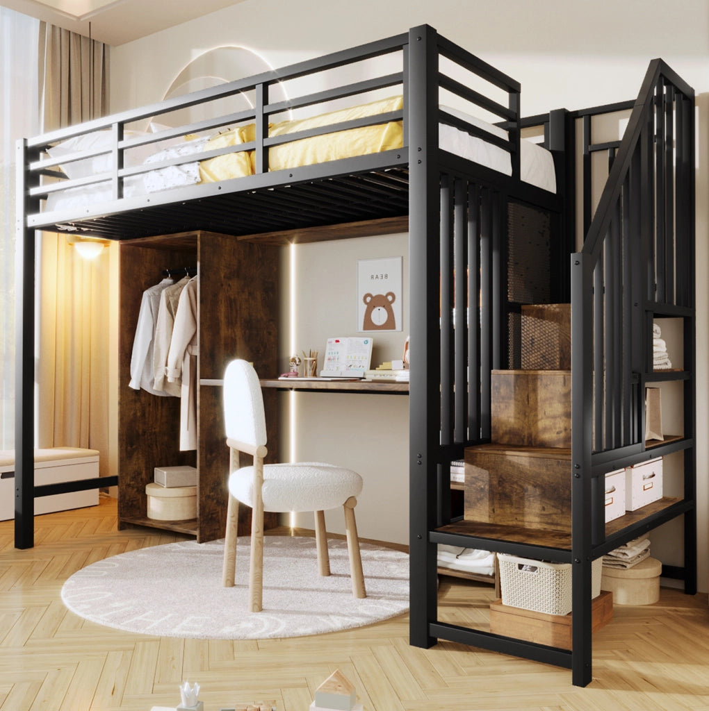 Letto a soppalco ULEVR 90x200 cm con armadio, scrivania e gradini contenitore, metallo e MDF nero