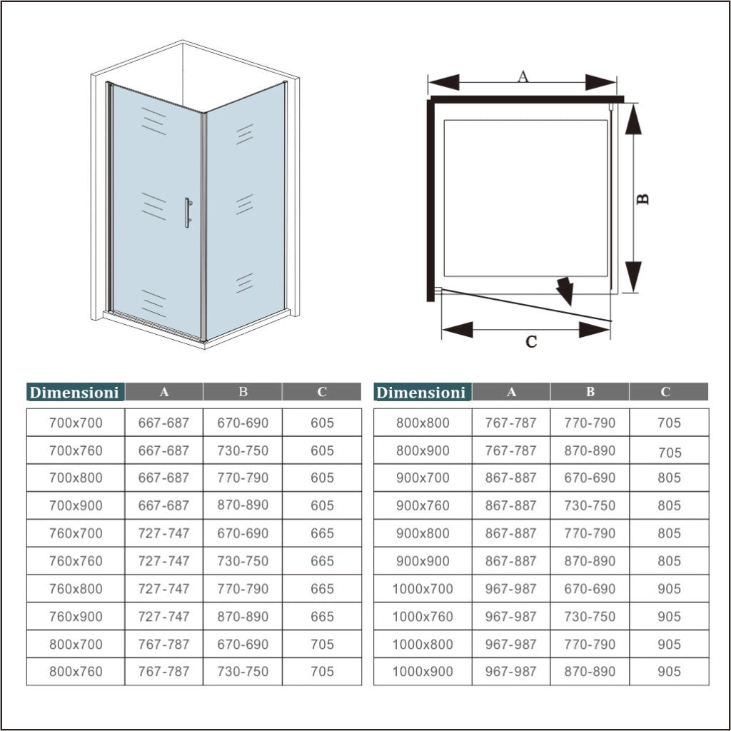 195cm Box Doccia Angolare Porta Battente con Parete Fissa 90x90cm in Vetro Temperato Satinato Opaco 6 mm Anticalcare con Barra Stabilizzatrice 140 cm (montaggio verso irreversibile)