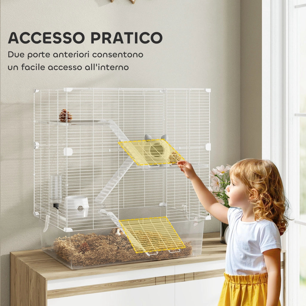 Gabbia per Roditori 73x47x80 cm Multilivello con Accessori Inclusi in Acciaio e PET Bianco