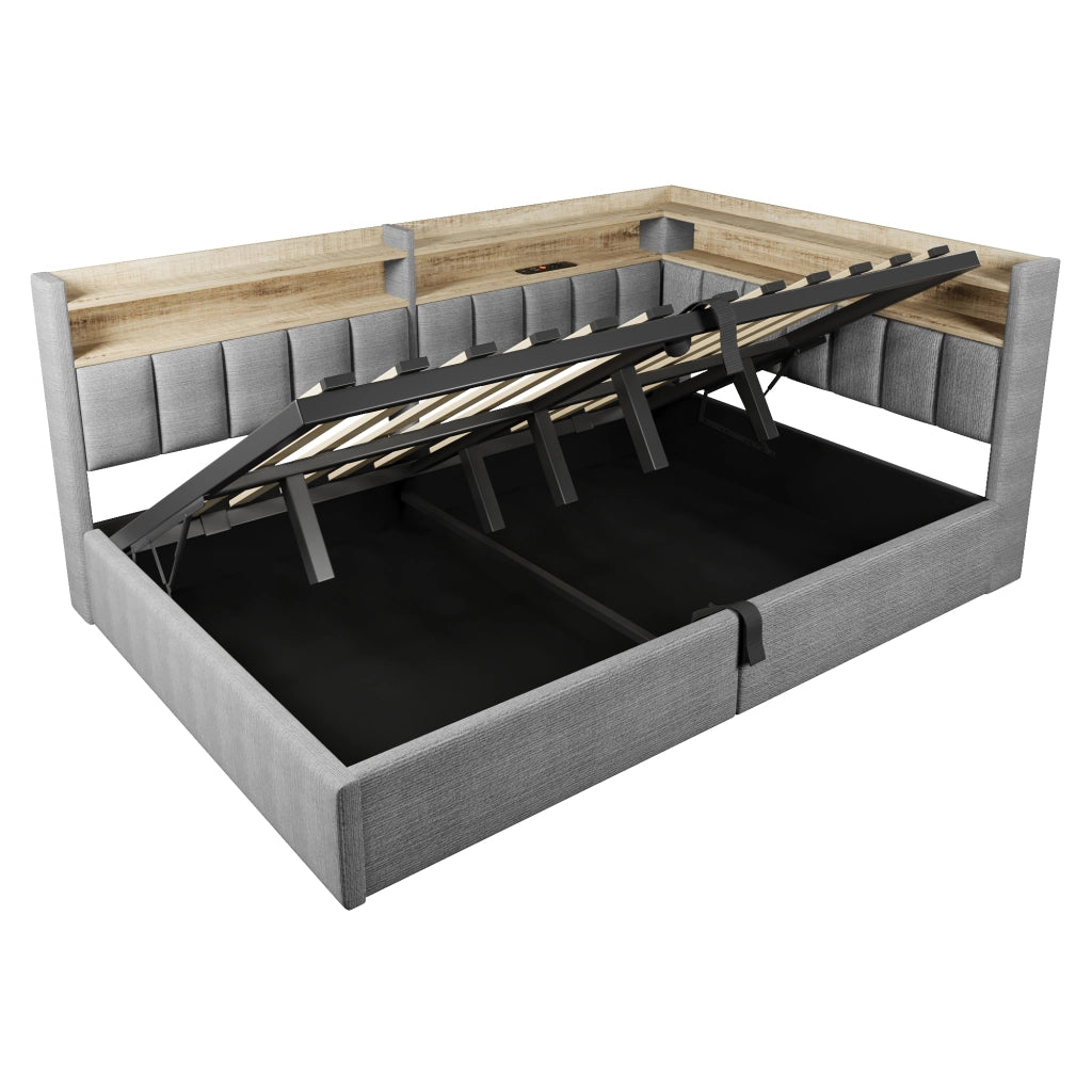 Letto imbottito 140x200 in velluto grigio con contenitore; LED RGB e porte USB