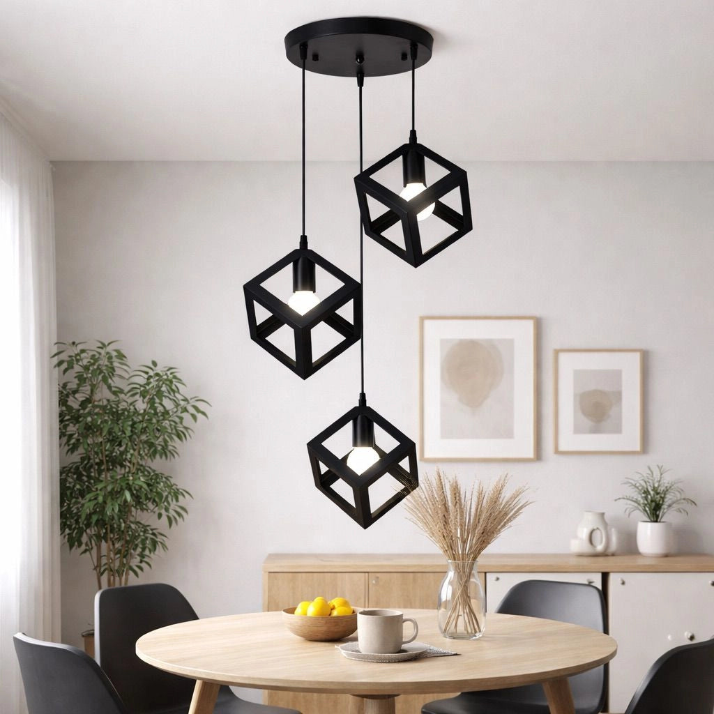 Lampadario Moderno a Sospensione Nero 3 Cubi Geometrici Design Minimal Attacco E27 Lampada Soffitto Regolabile per Cucina Soggiorno Sala da Pranzo