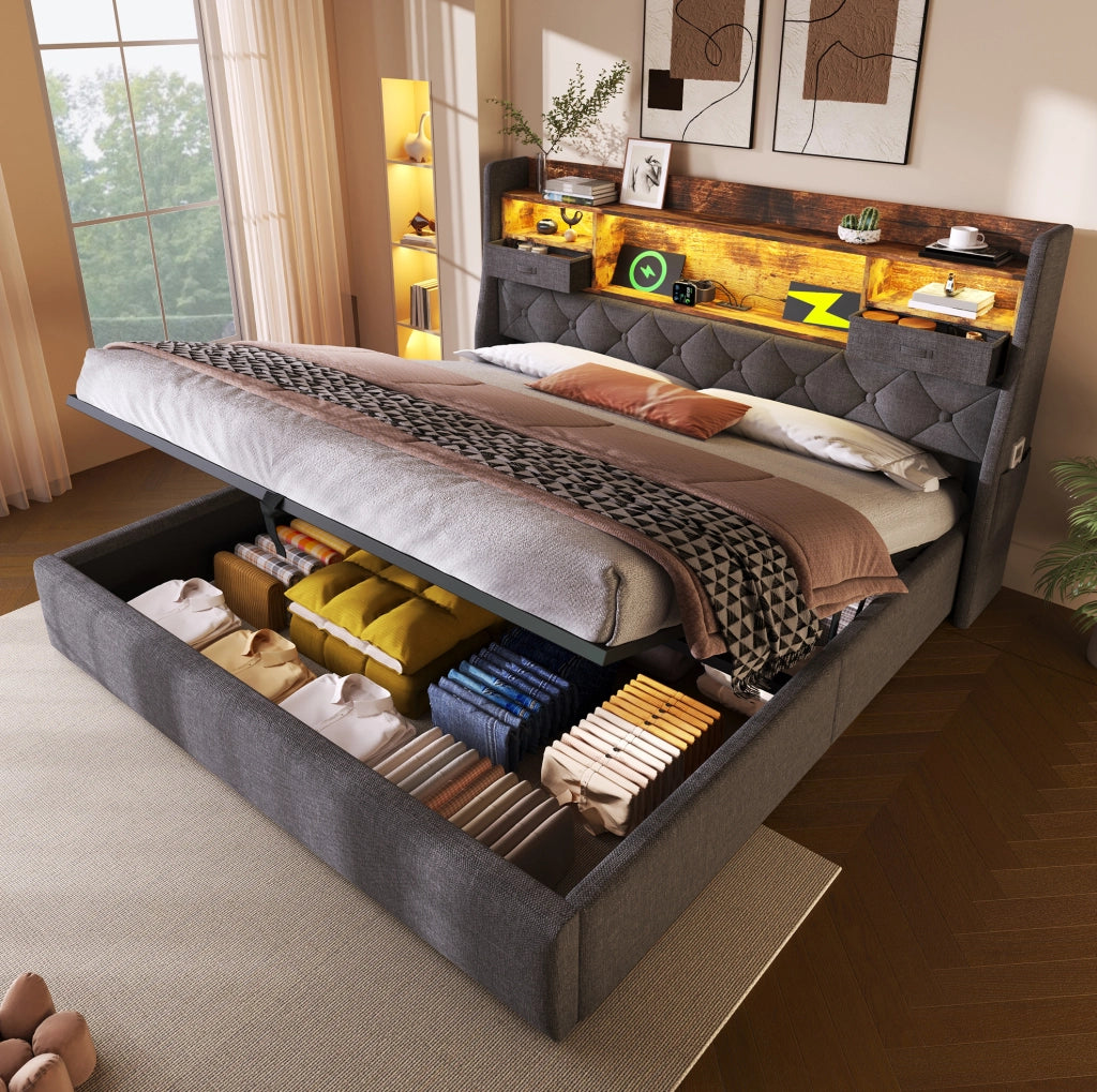 Letto matrimoniale 140x200 cm con contenitore; LED; prese USB e Type-C; lino grigio