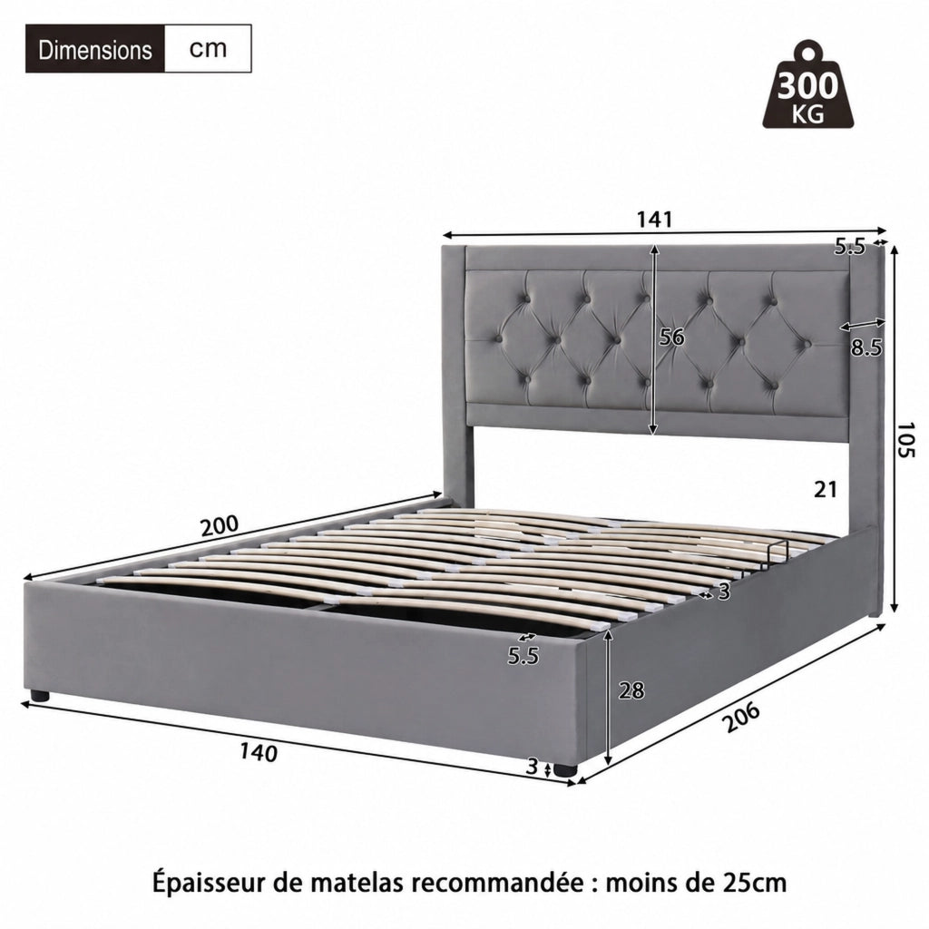 DESMIU Letto contenitore 140 × 200 cm 2 posti con vano sollevabile a sinistra e a destra, senza materasso, in velluto grigio