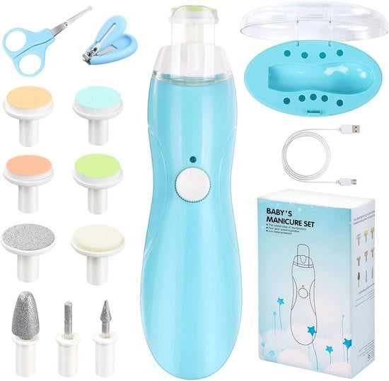 Verricciatore elettrico 12-in-1 per cura unghie - Con pezzi di ricambio e cavo di ricarica USB - Kit manicure e pedicure elettrico per neonati e bambini.