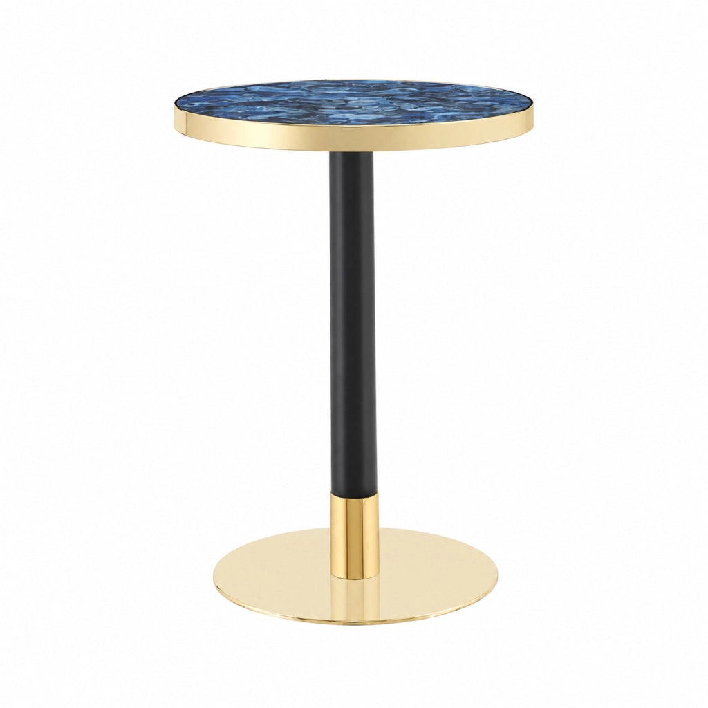 Tavolino rotondo con bordo dorato e base stabile in MDF e metallo blu