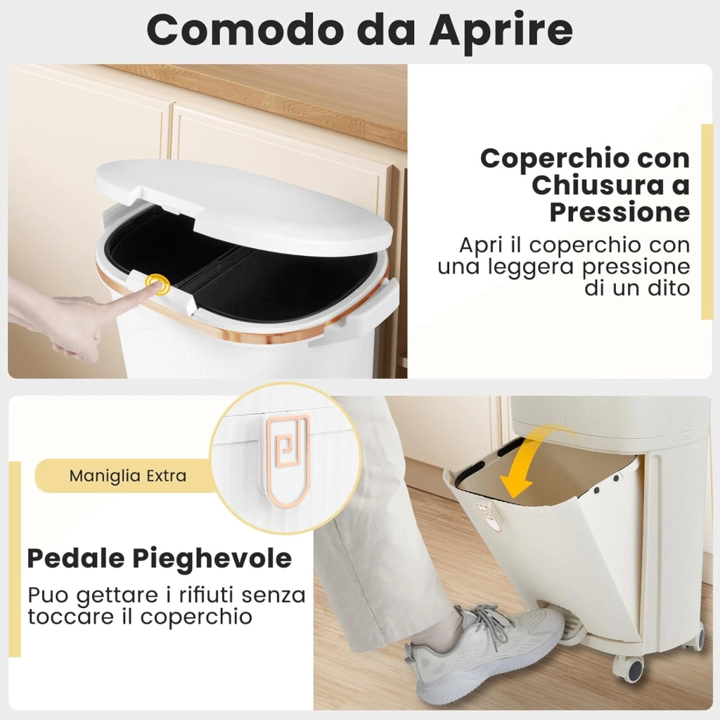38 L（12+12+14 L） Pattumiera Differenziata, Secchio Spazzatura a 3 Scomparti con Coperchi, 2 Secchi Rimovibili Pedale e Ruote, Bidoni Differenziata per Bagno Cucina Ufficio