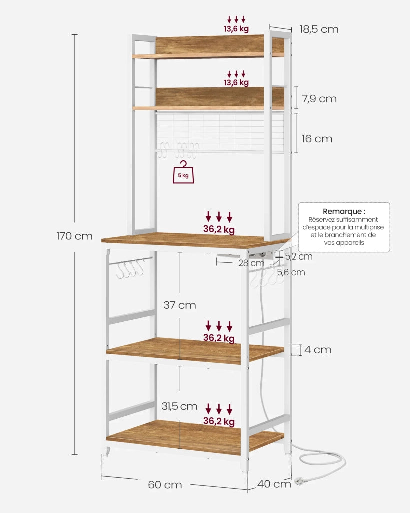 Mensola da cucina con multipresa supporto per microonde ripiano portaoggetti con pannello in rete metallica 14 ganci 40 x 80 x 170 cm bianco 12_0005671