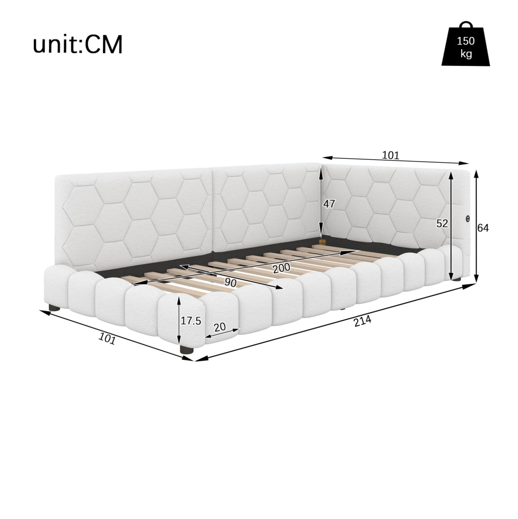 LETTO DAYBED 90x200 cm Bianco in Vliesimitat e MDF con LED, USB e Tipo-C