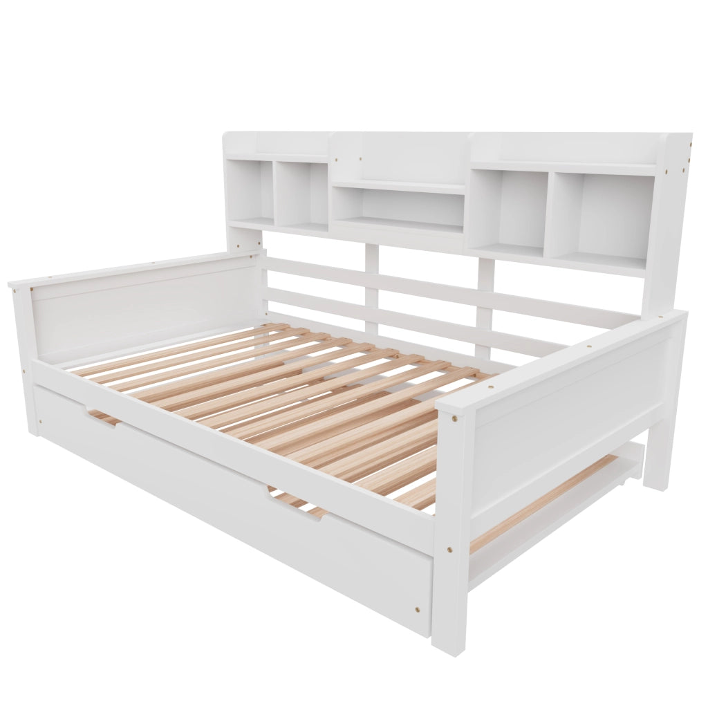 OKWISH Letto a Scomparsa 90×200 cm, Letto Singolo con Letto Estraibile 90×190 cm, Vani Portaoggetti e Cassetto, senza Materasso, Bianco
