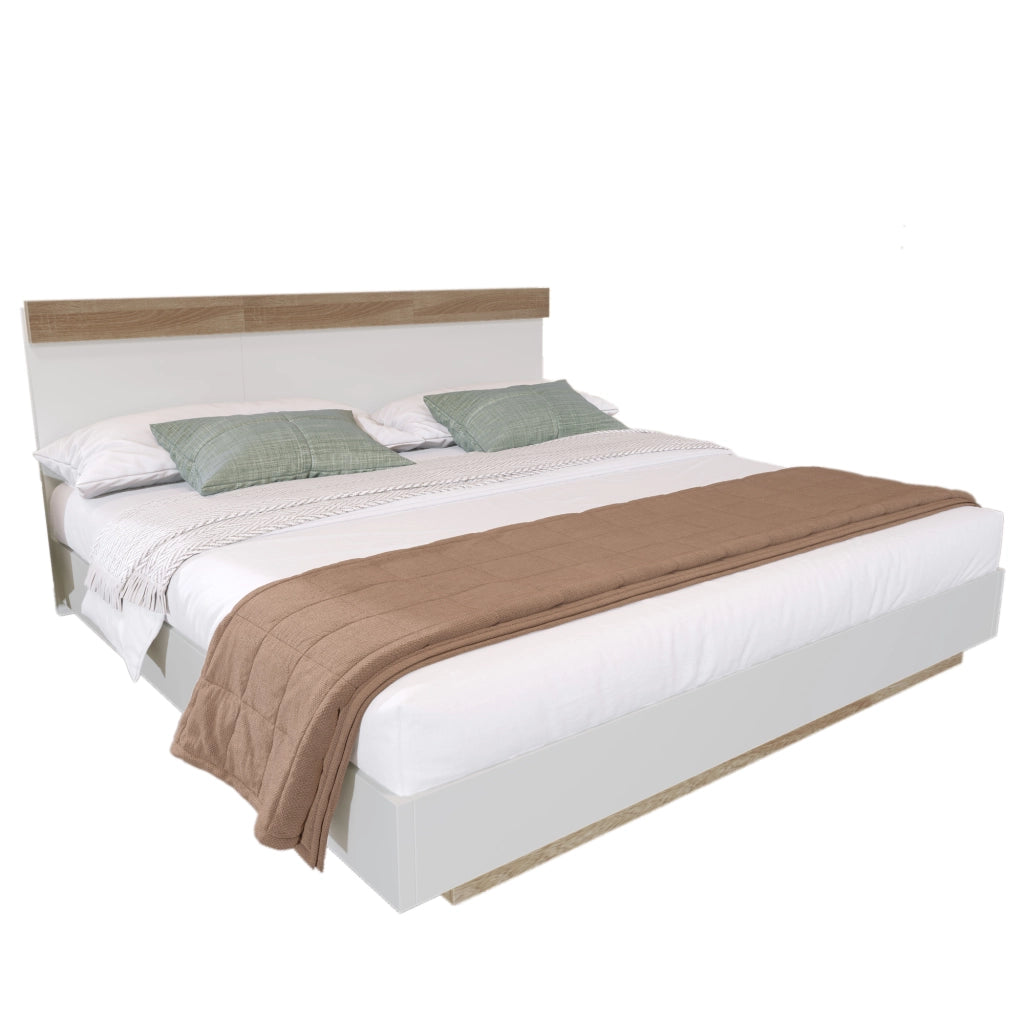 OKWISH Letto Matrimoniale 160×200 cm con Effetto Sospeso, Testiera Bicolore, senza Materasso, in Legno - Bianco e Rovere