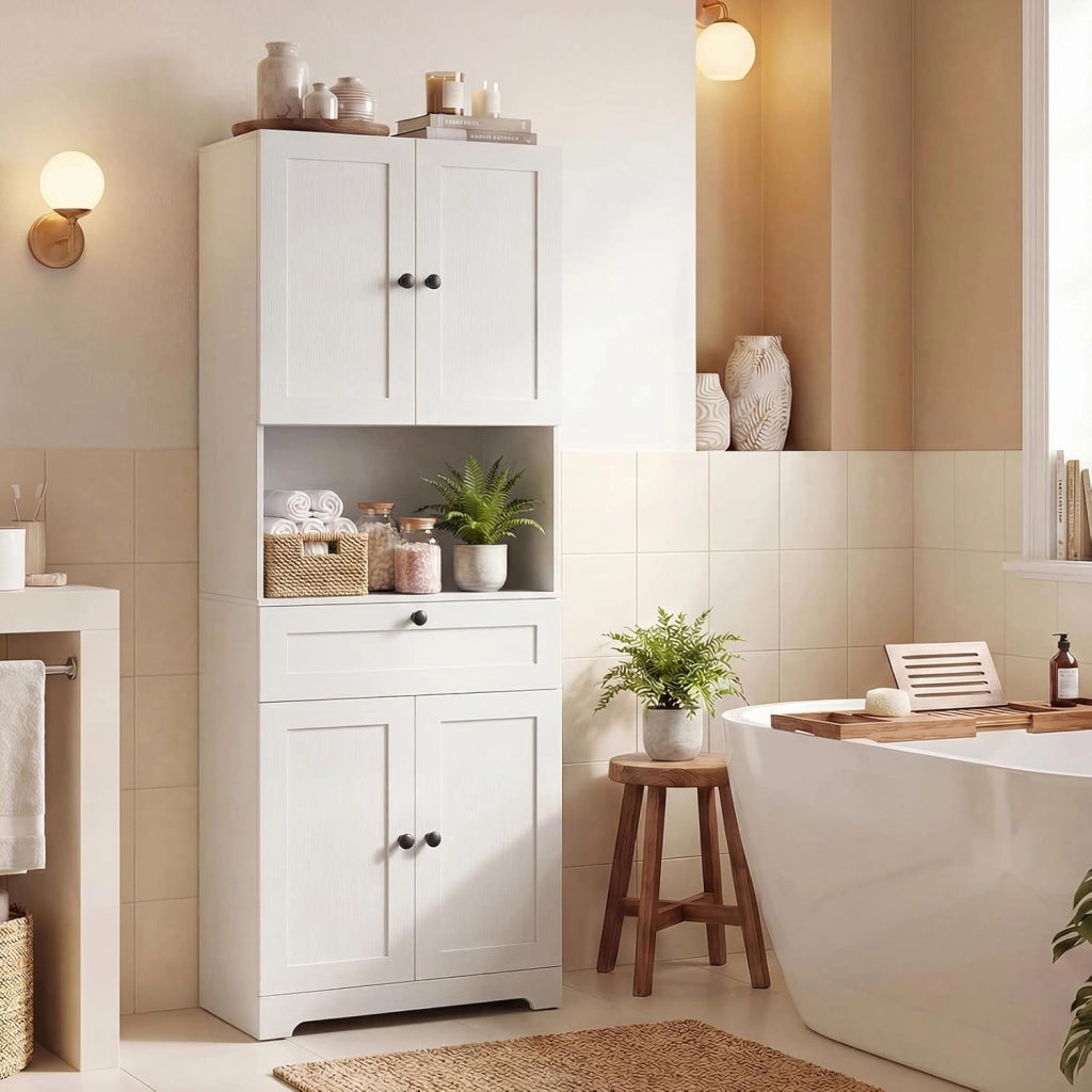 Mobile da Bagno Salvaspazio, Mobile da Terra con 4 Ante, 1 Cassetto, Vano Aperto e Ripiani Regolabili, Credenza Dispensa Cucina in Lgeno per Soggiorno e Ingresso, 60 x 35 x 171,5 cm (Bianco)
