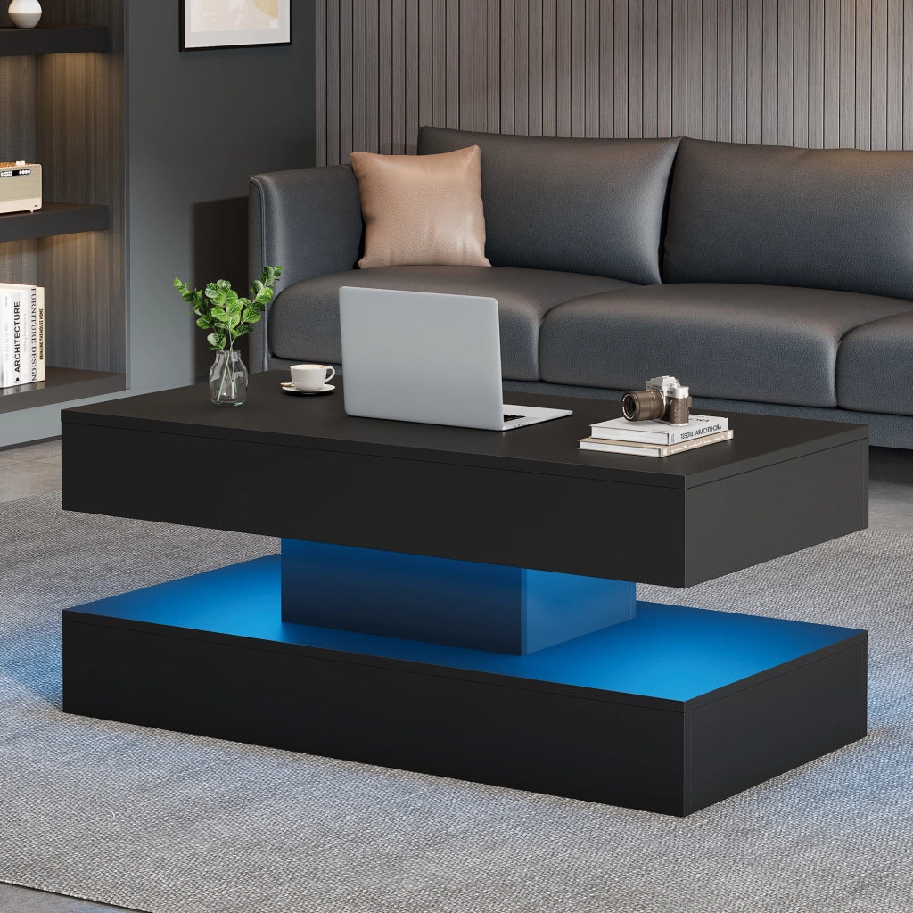 Tavolino da caffè con piano alzabile; vano contenitore e LED - per soggiorno - in pannello truciolare - 100×50×42 cm - nero