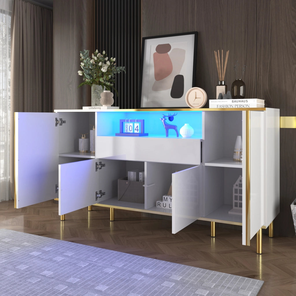 Credenza con 4 Ante e 1 Cassetto; LED; Finitura Lucida; Stile Moderno; per Soggiorno; in MDF; 150??40??80 cm; Bianco