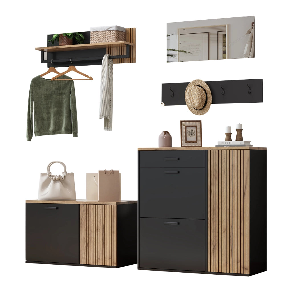 Set Ingresso 5 Pezzi con Scarpiera; Panca Porta Scarpe; Specchio; Mensola e Appendiabiti in Legno