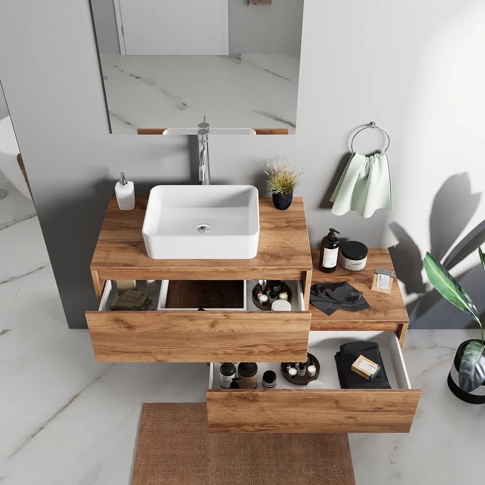 Mobile bagno sospeso modulare 70cm due cassetti apertura push&pull rovere gransasso con top | Galdor