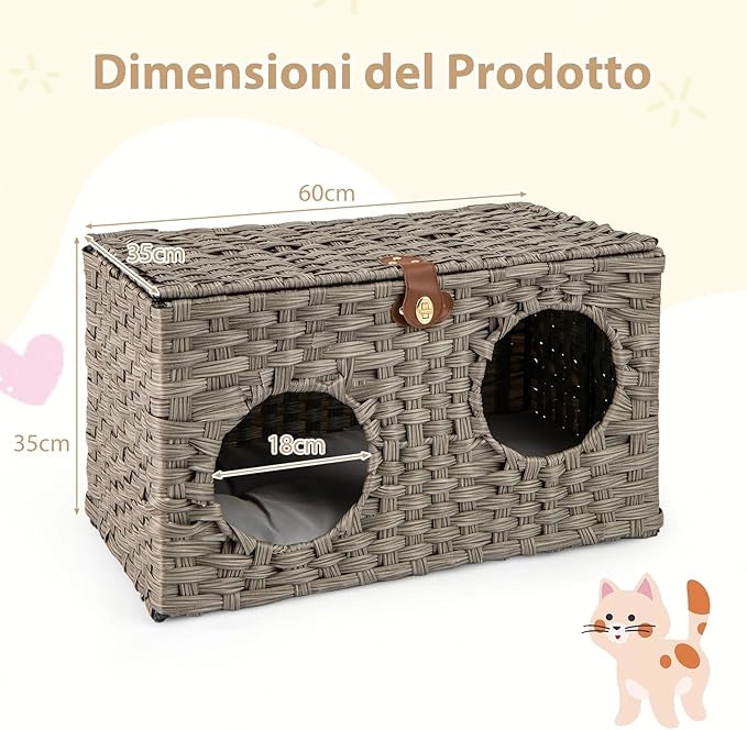 Cuccia per Gatti in Rattan 60 x 35 x 35 cm, Casetta per Gatti con Cuscino Morbido Rimovibile e Coperchio Bloccabile, Comodino per Animali Domestici per Soggiorno e Camera da Letto
