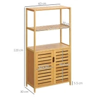 kleankin Mobiletto Bagno con 2 Ripiani Aperti e Armadietto a 2 Ante in Bambù 60x30x120cm