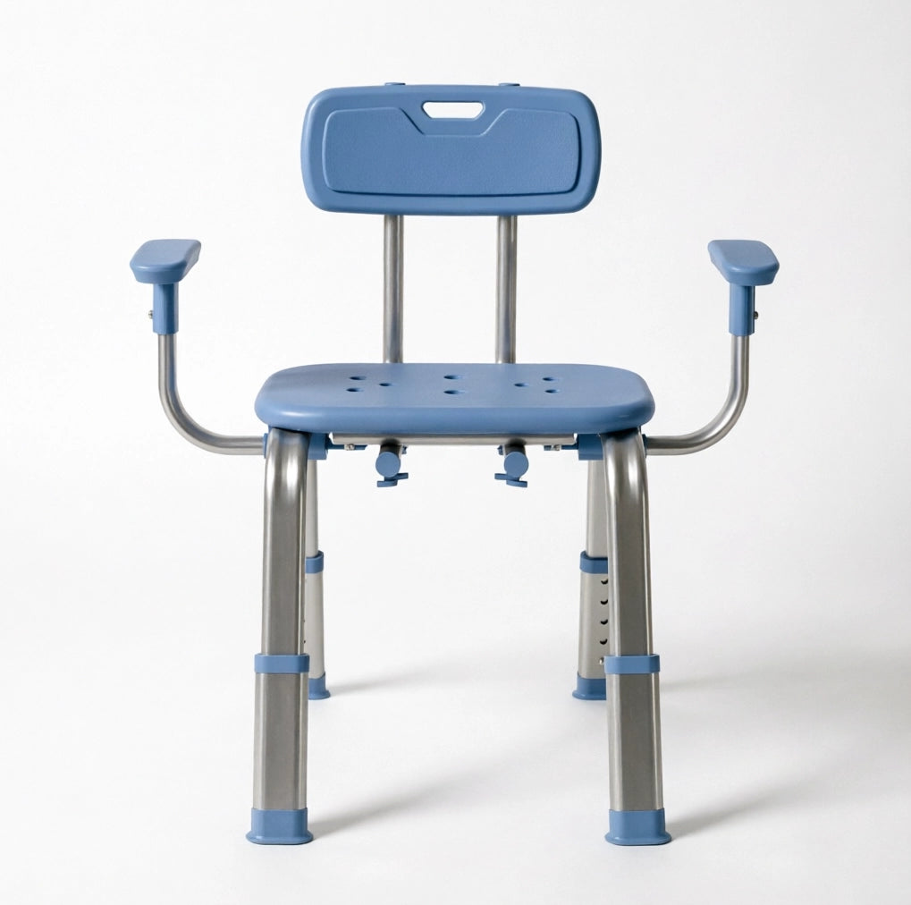 Sedia da Doccia Regolabile in Altezza con Braccioli 60-70 x 52 x 62-72 cm Blu e Argento - per Bagno