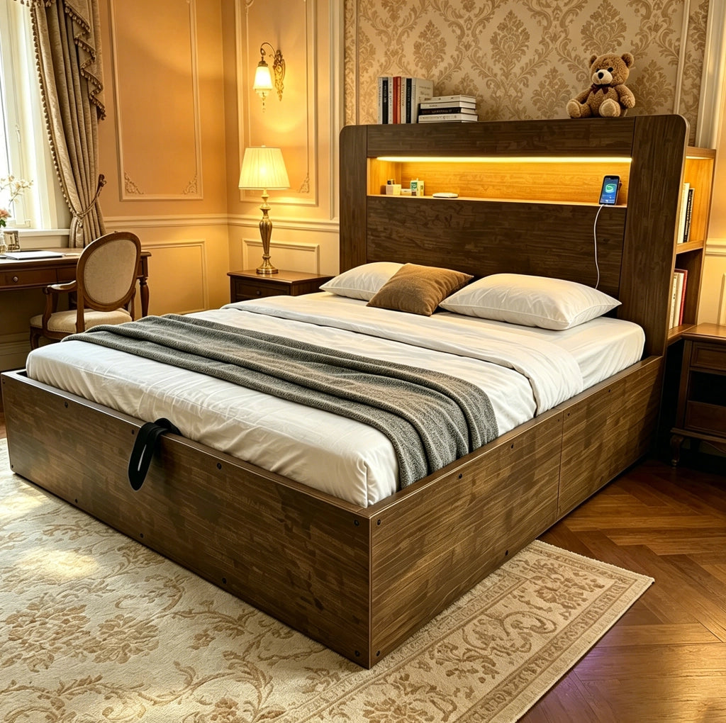 Letto 140x200 cm con contenitore idraulico; LED e prese in legno colore naturale