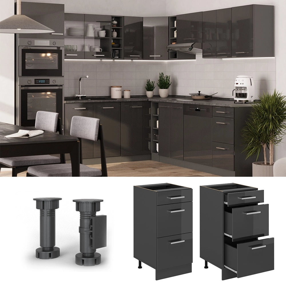 Mobiletto base per cucina R-Line Antracite lucido/Antracite 40 cm con cassetti, senza piano di lavoro Vicco